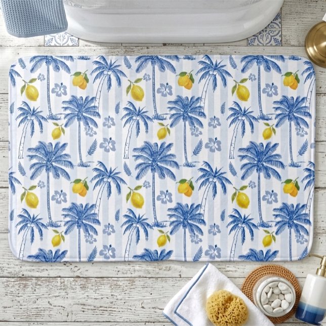 Tapete De Banheiro Blue Toile Palm Trees Lemons  (Criador carregado)
