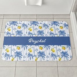 Tapete De Banheiro Blue Toile Palm Trees Lemons Monogram Name