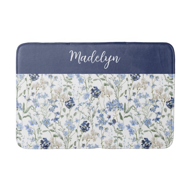 Tapete De Banheiro Blue Watercolor Wildflower Monogram Name (Frente)