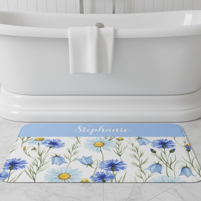 Tapete De Banheiro Blue Watercolor Wildflower Personalized (Criador carregado)