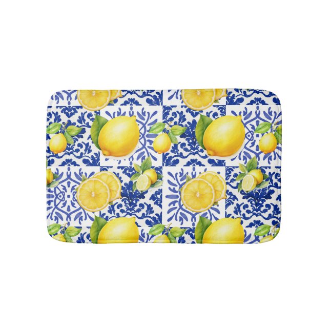 Tapete De Banheiro Blue White Lemon Tile Pattern Mediterranean Citrus (frente)