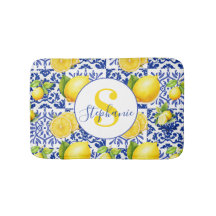 Blue White Lemon Tile Pattern Name Monogram Citrus