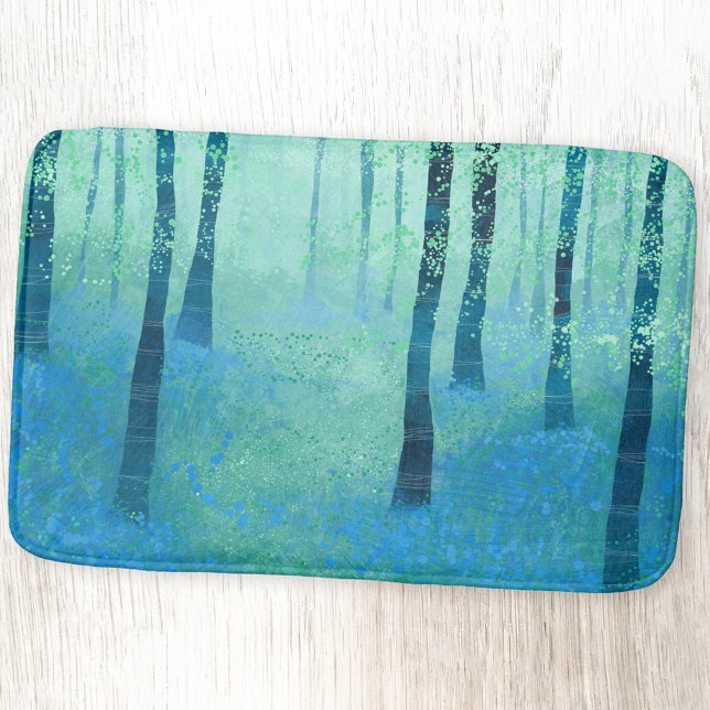 Tapete De Banheiro Bluebell Woodland Abstrato Art (Bluebell forest abstract blue green bath mat)