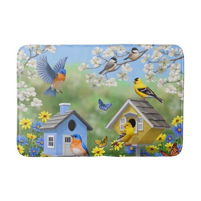 Tapete De Banheiro Bluebird Goldfinches Birdhouses Fllower Garden (Frente)