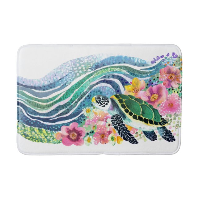 Tapete De Banheiro Bohemian Blue Waves Happy Turtle Watercolor (Frente)