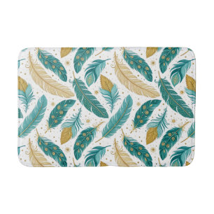 Tapete De Banheiro Boho Teal e Douradas Penas