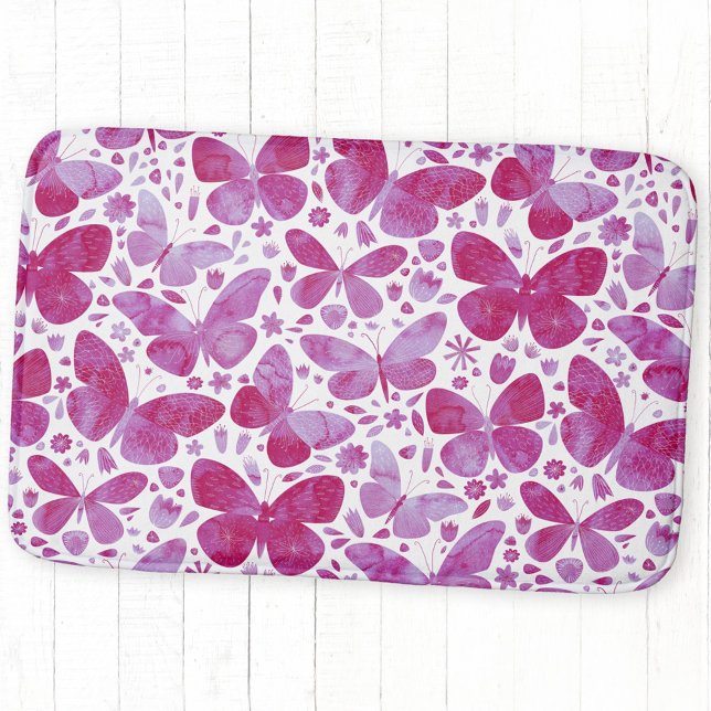 Tapete De Banheiro Borboleta Aquarela Rosa (Magenta pink watercolor butterfly bath mat)
