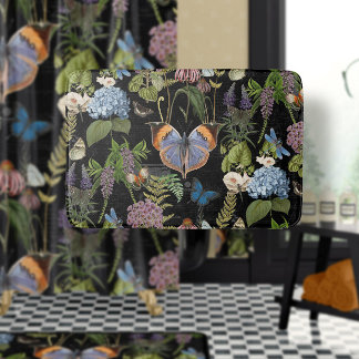 Tapete De Banheiro Borboleta Botânica Preta Floral Algodão Vintage