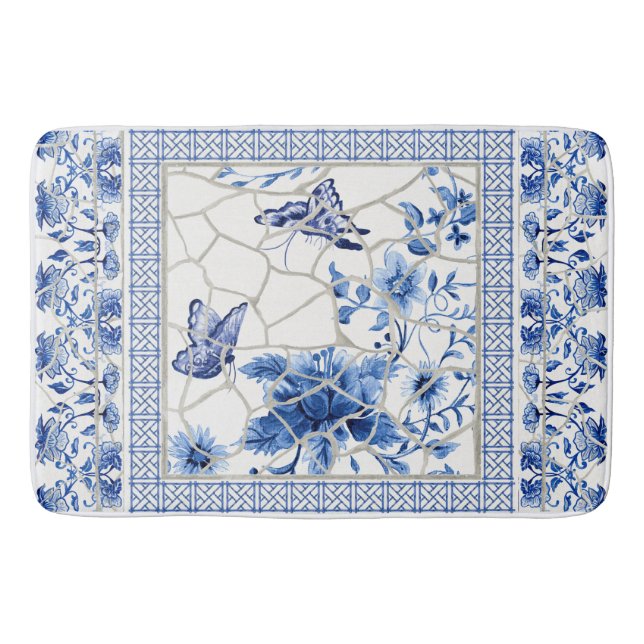 Tapete De Banheiro Borboleta Chinoiserie Chic Folha Azul Branco (Frente)