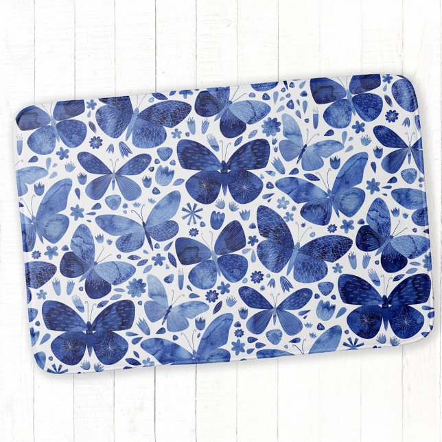 Tapete De Banheiro Borboletas Aquarela Azul (Blue watercolor butterfly pattern bath mat)