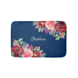 Tapete De Banheiro Borgonha Floral Marinho Azul