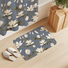 Tapete De Banheiro Bosque de Magnólia Branca em Floral Elegante Azul 
