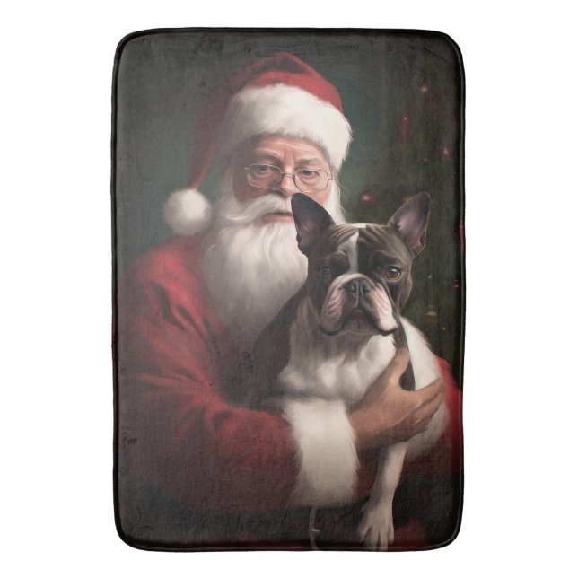 Tapete De Banheiro Boston Terrier com Papai Noel Natal Festivo (Frente Vertical)