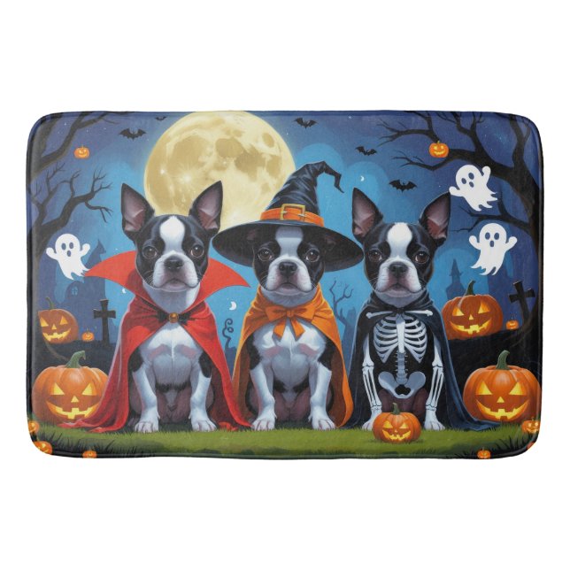 Tapete De Banheiro Boston Terrier Dogs Pumpkin Halloween Engraçado (Frente)
