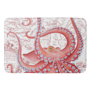 Tapete De Banheiro Branco vermelho do mapa do vintage do polvo