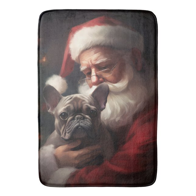 Tapete De Banheiro Buldogue Francês com Papai Noel Natal Festivo (Frente Vertical)