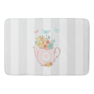 Tapete De Banheiro Bule rosa com flores e borboletas