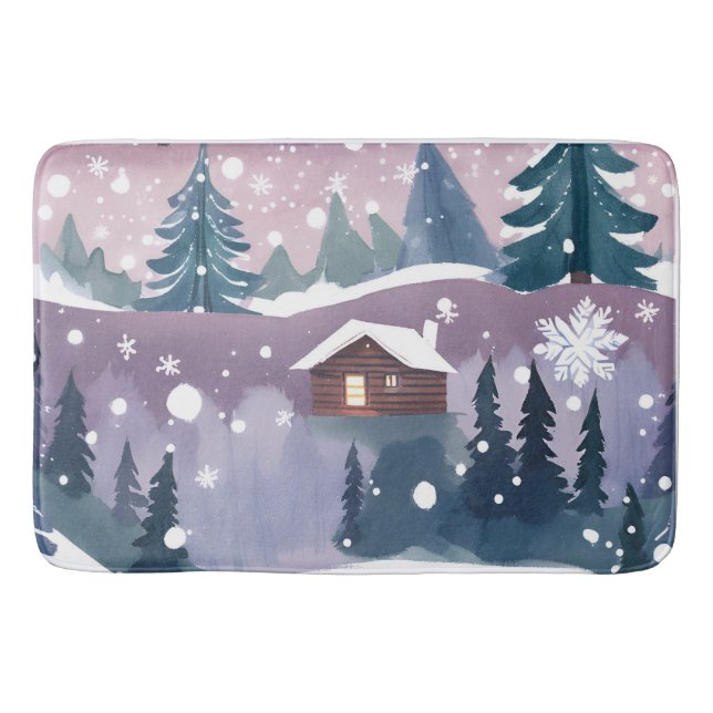 Tapete De Banheiro Cabine de neve com aquarela de inverno (Frente)