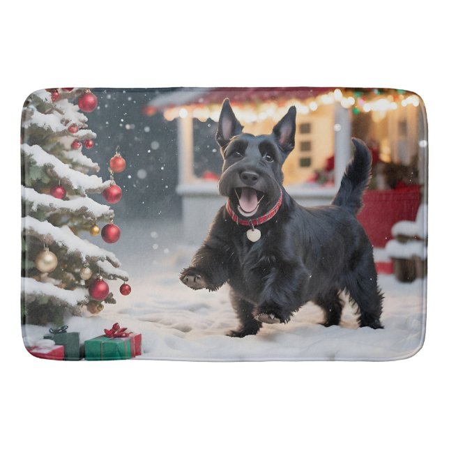 Tapete De Banheiro Cachorro escocês tocando neve de Natal (Frente)