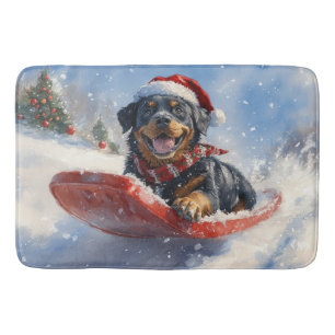 Tapete De Banheiro Cachorro Rottweiler no Trenó Deixe Nevar Natal