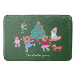 Tapete De Banheiro Cães Festivos Ice Skating Green Christmas