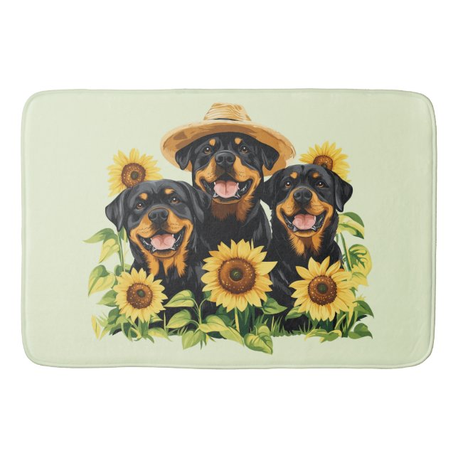 Tapete De Banheiro Cães Rottweiler Cercados Por Girassóis (Frente)