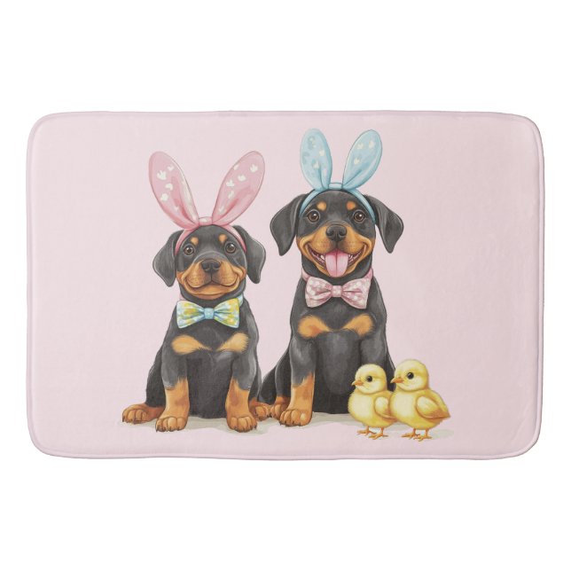 Tapete De Banheiro Cães Rottweiler de Páscoa com Orelhas de Coelho (Frente)
