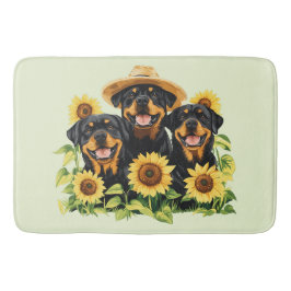 Tapete De Banheiro Cães Rottweiler Rodeados por Girassóis