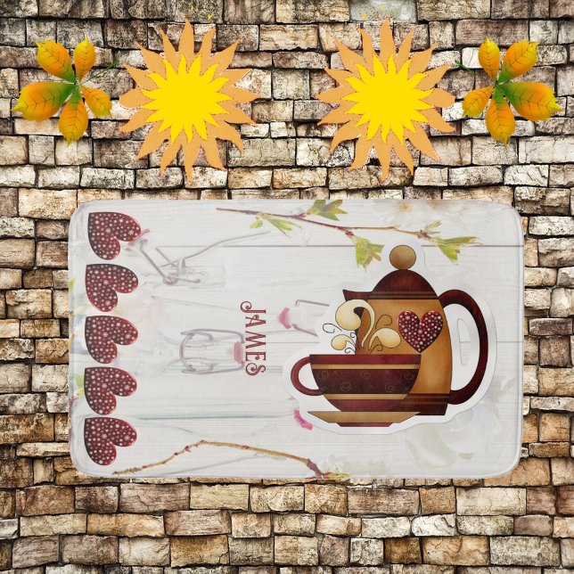 Tapete De Banheiro Café Teapot Corações Rústicos Jardim Terrestre Ele (Coffee Teapot Hearts Rustic Country Garden Elegant Bath Mat)