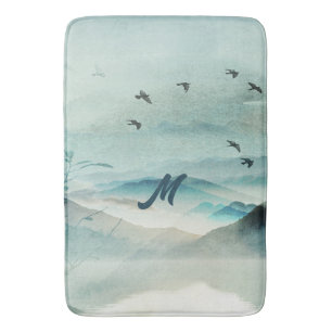 Tapete De Banheiro Calm Monogramed Nature Aquarela Cena de Montanha