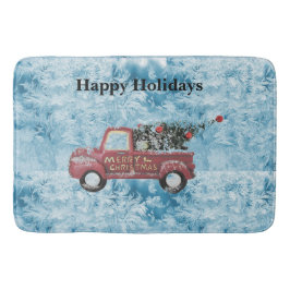 Tapete De Banheiro caminhão de colheita vermelho sobre fundo azul com