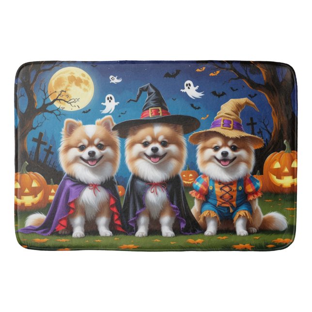 Tapete De Banheiro Caninos Pomeranianos Pumpkin Halloween Engraçado (Frente)