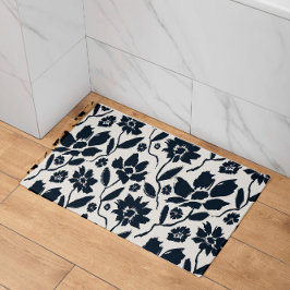 Tapete De Banheiro Canvas de Creme Floral Azul Escuro Elegante