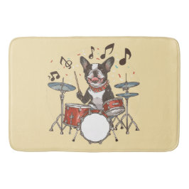 Tapete De Banheiro Cão Boston Terrier Tocando Bateria
