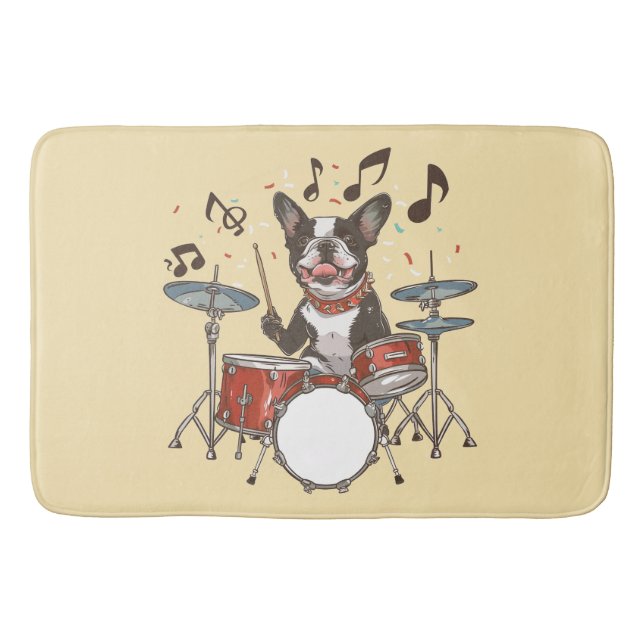 Tapete De Banheiro Cão Boston Terrier Tocando Bateria (Frente)