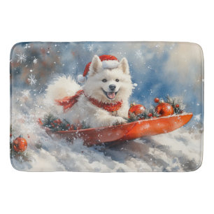 Tapete De Banheiro Cão Samoyed em Trenó Deixe Nevar Natal