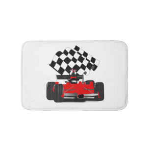 Tapete De Banheiro Carro de Corrida Vermelho com Bandeira Xadrez