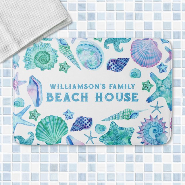 Tapete De Banheiro Cascas Azuis e Starfish Beach House (Watercolor Blue Shells and Starfish Beach House Bath Mat)
