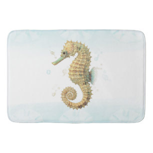 Tapete De Banheiro Cavalo-Marinho Azul Turquesa & Dourado Aquarela Pr