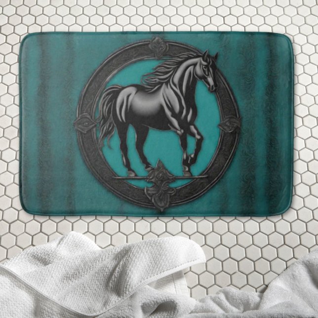 Tapete De Banheiro Cavalo Negro Teal Equestre do País Ocidental (Western Country Equestrian Teal Black Horse Bath Mat)