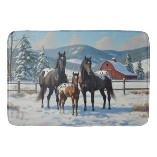 Tapete De Banheiro Cavalos de Appaloosa Pretos numa Fazenda no invern