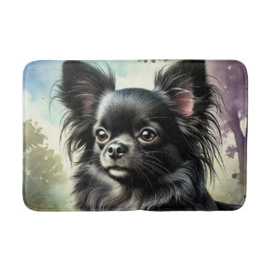 Tapete De Banheiro Chihuahua Preto de Cabelo Comprido em Aquarela