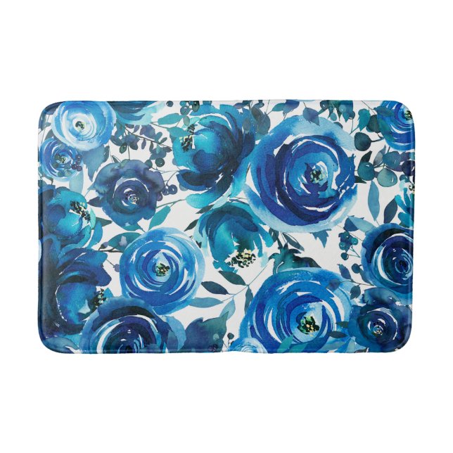 Tapete De Banheiro Chique Elegante Floral Azul Indigo (Frente)