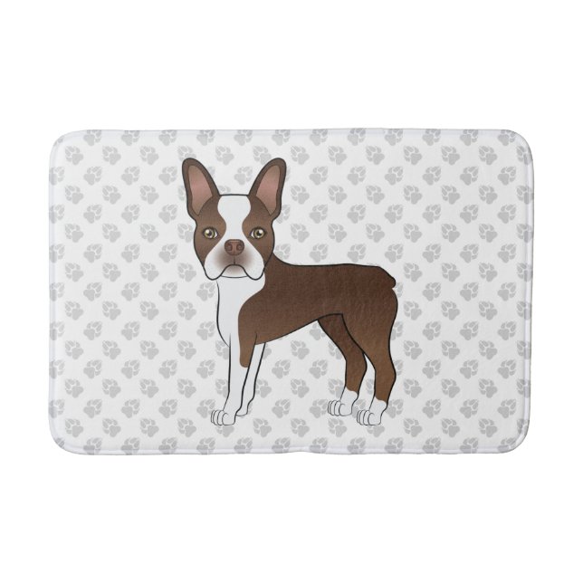 Tapete De Banheiro Chocolate Brown Boston Terrier Cartoon Dog & Paws (Frente)