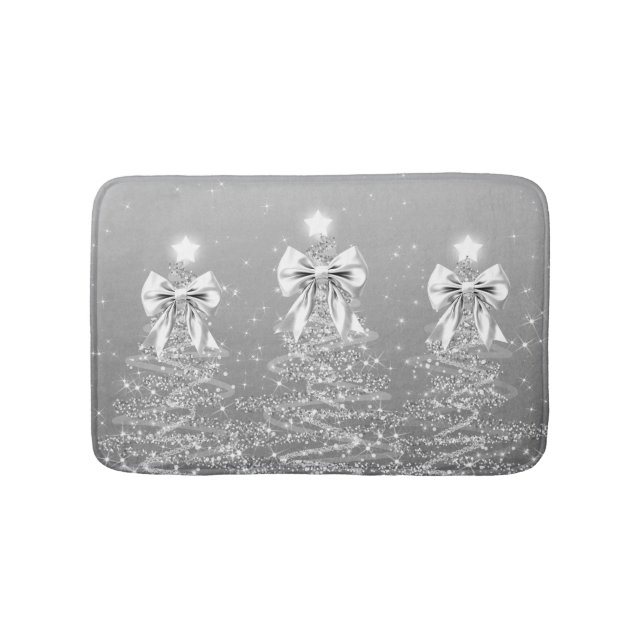 Tapete De Banheiro Christmas Sparkling Trees Silver Faux Bow  (frente)