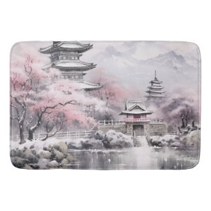 Tapete De Banheiro Cinza rosa Sakura Blossoms Pagoda Japonês