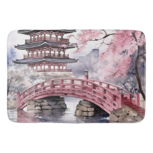 Tapete De Banheiro Cinza rosa Sakura Blossoms Pagoda Japonês