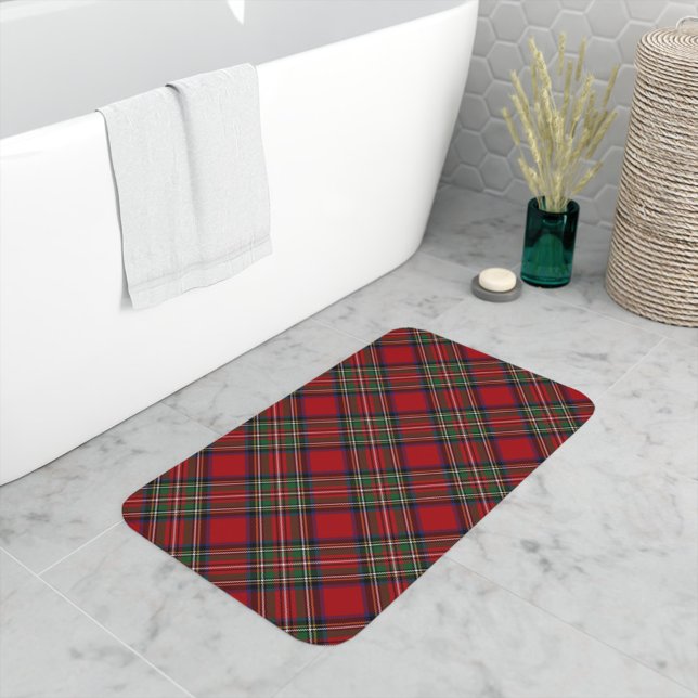 Tapete De Banheiro Clã Xadrez Clã Vermelho e Verde Stewart Tartan (Elegant Rustic Stewart Tartan Bath Mat)