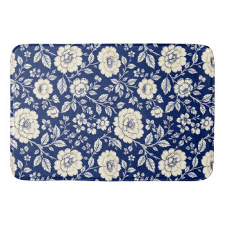 Tapete De Banheiro Cobertor Vintage Azul Marinho e Creme com Padrão F