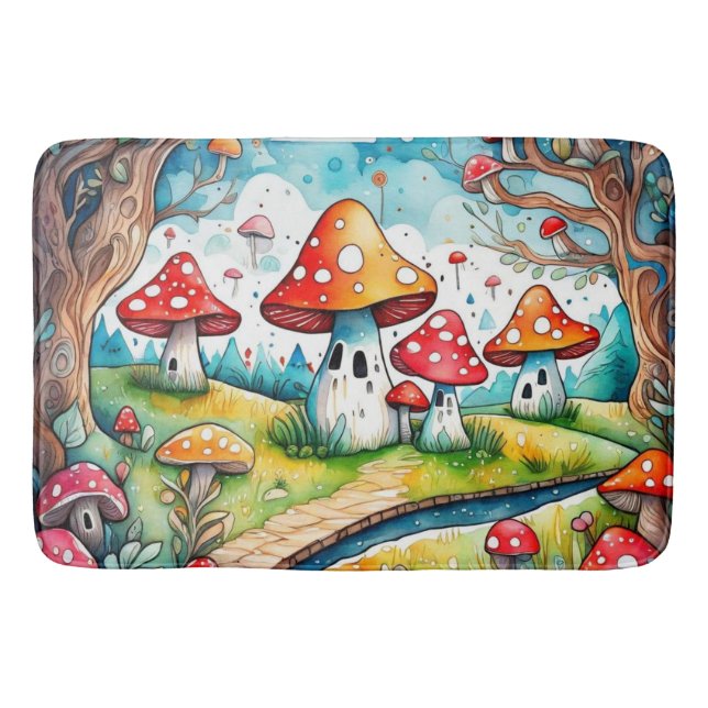 Tapete De Banheiro Cogumelos brancos folhas design (Frente)